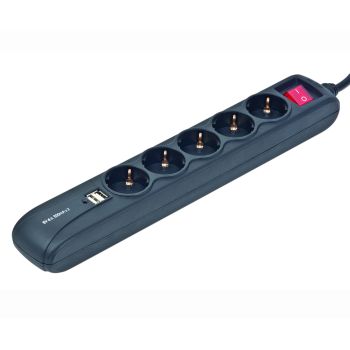 Gembird Surge protector with USB charger, 5 sockets, 1.5 m, USB 2A, black, PN:SPG5-U2-5