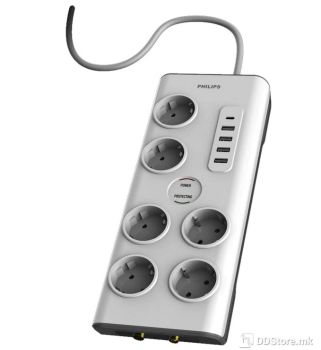 Power Protector Philips 2m 6 Sockets + USB Ports White